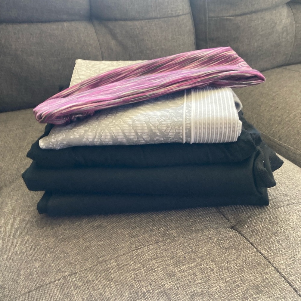Fabletics Set of 5 items.  Two pants, two tops, one headband.  Bottoms M Tops XS